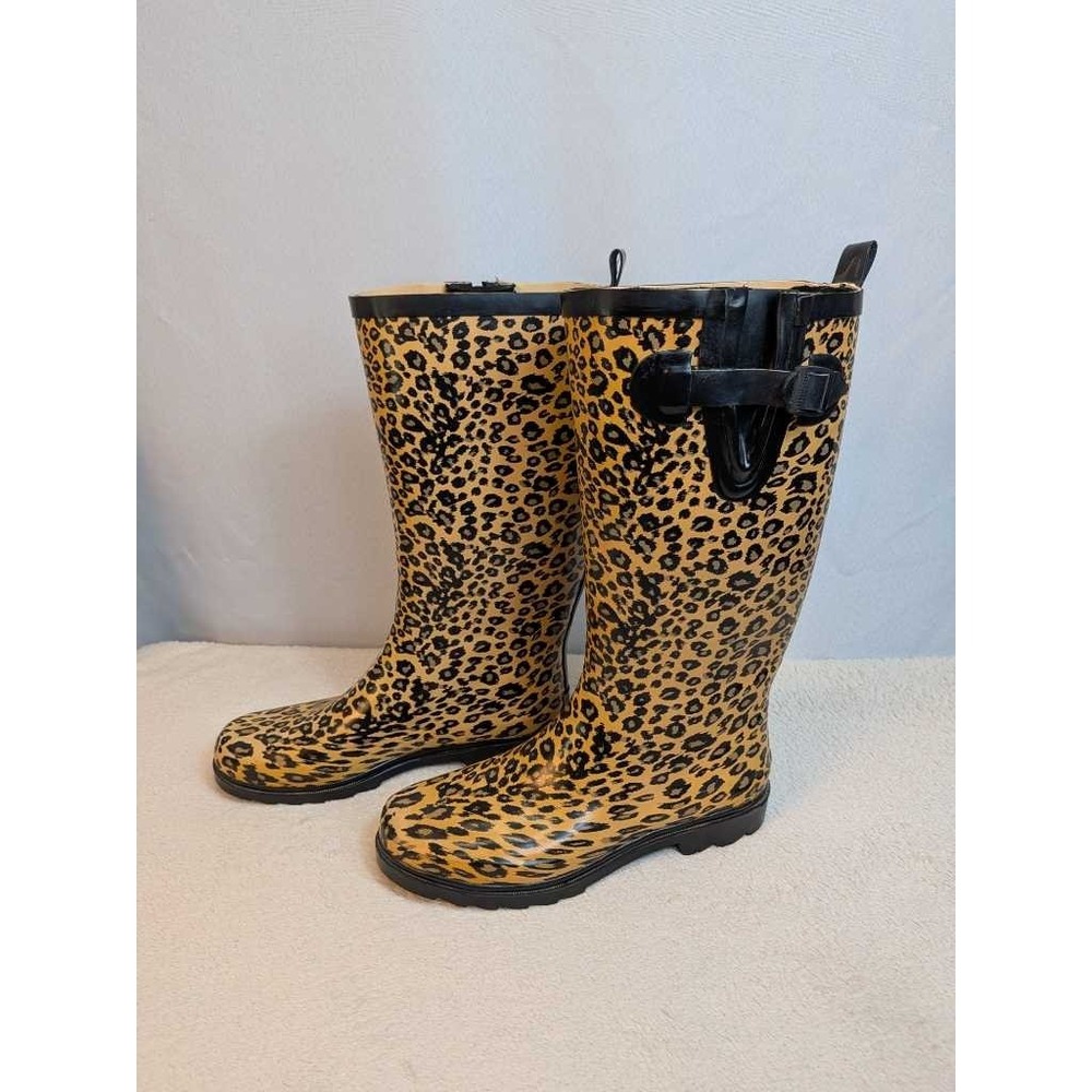 Women's Leopard Print Tall Rain Boots Size 8‎ Black Buckle Waterproof Fashion